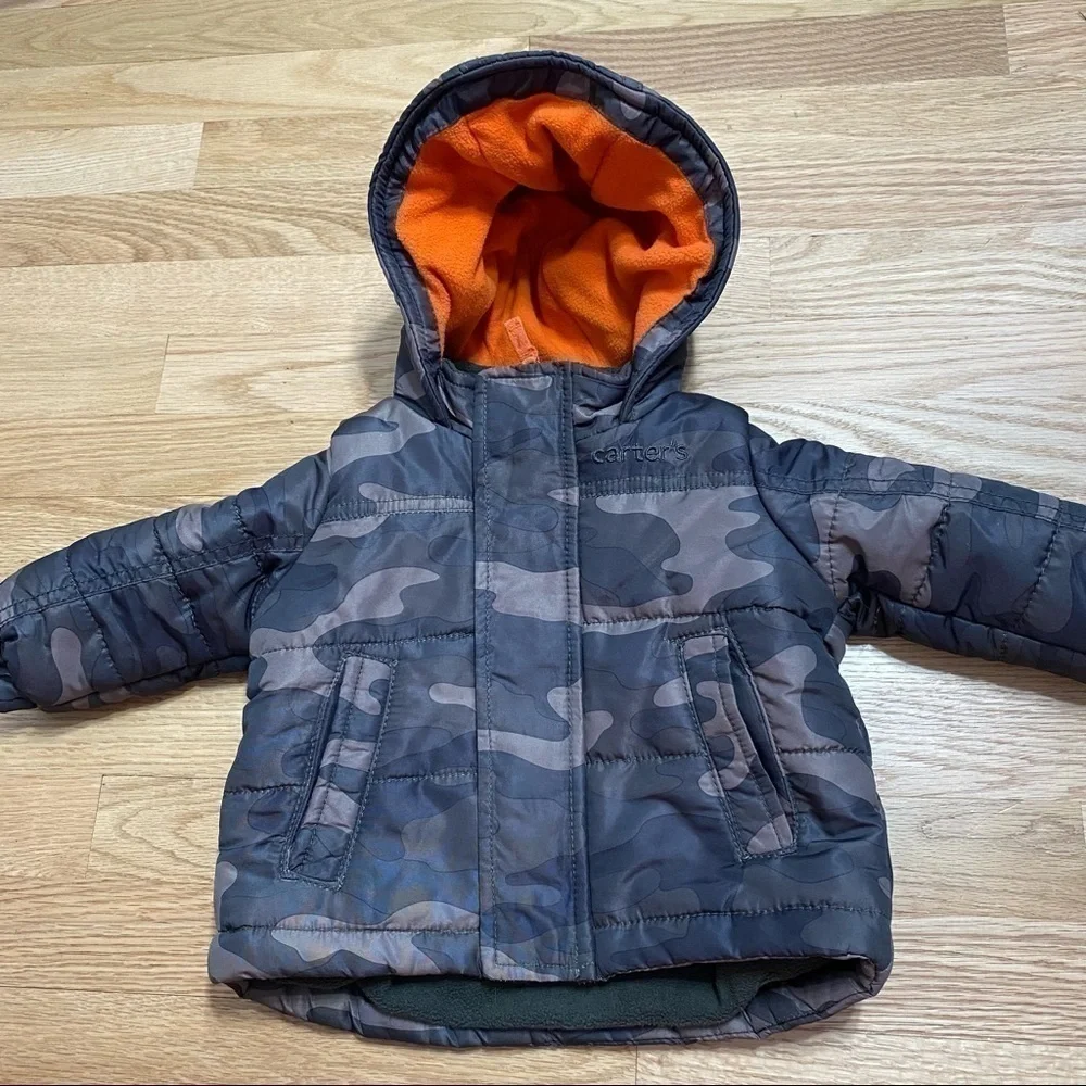 Carter’s Puffer Jacket 12 mos Full Zip Camouflage Green Orange Hooded